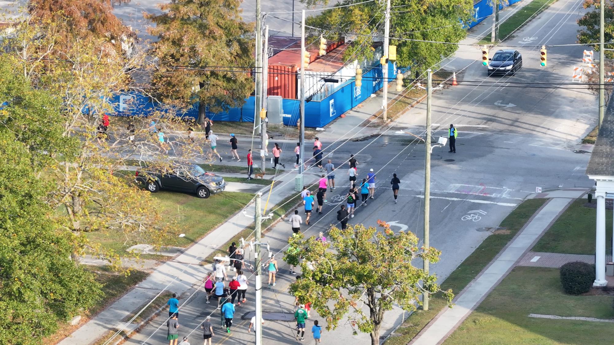 drone view of runners participating in Run Like a Nut