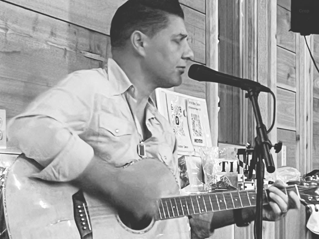 A man plays guitar and sings into a microphone