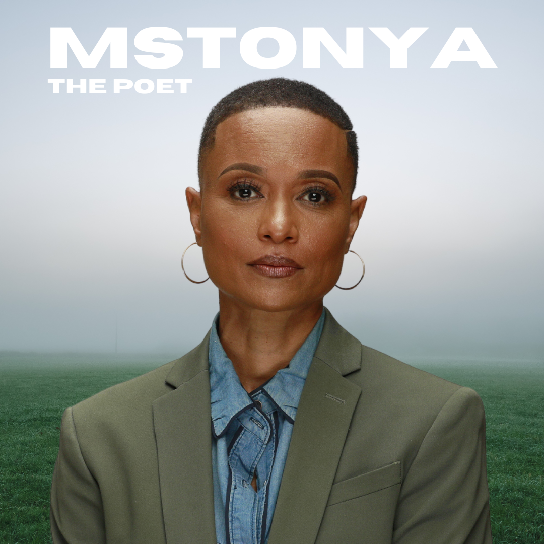 African American woman in a green suit jacket with blue button up. Text above her reads Ms. Tonya the Poet
